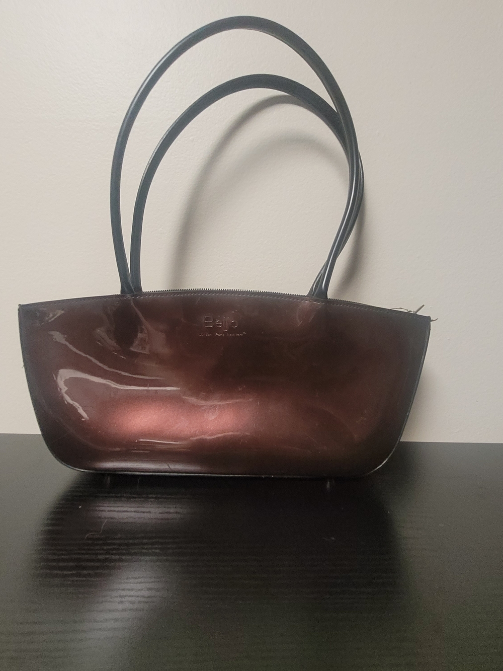 Beijo Brown Patent Shoulder Bag Classic Sleek Statement Purse